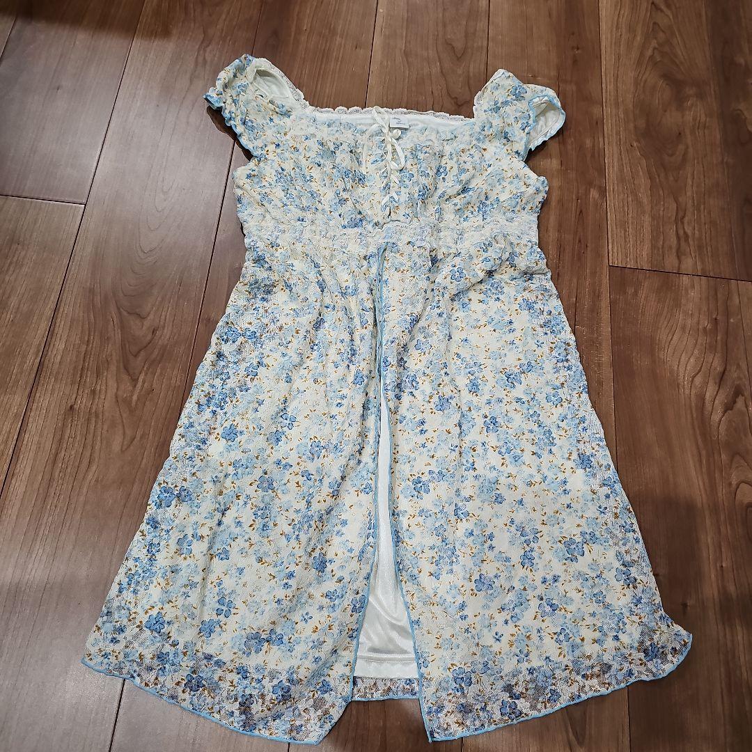 姫系　花柄　ワンピース　トップス　レース　y2k　古着　ブルー系