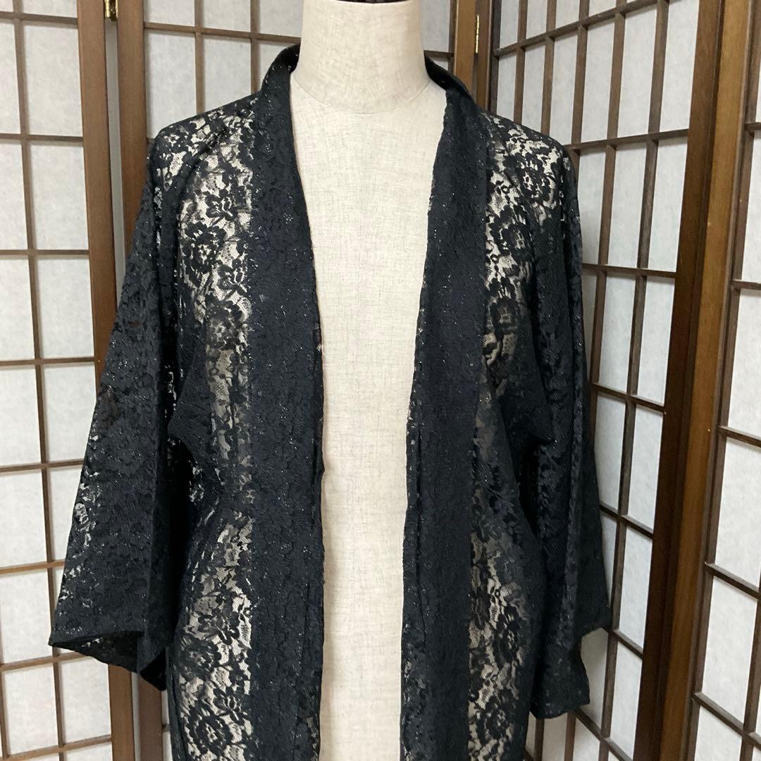 C448 夏用　羽織　レース　銀糸　黒　美品　着物
