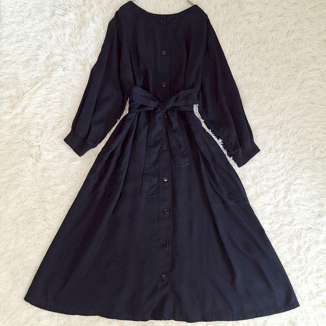 AT1695 ZUCCA ロングワンピース ベルト 紺色 F