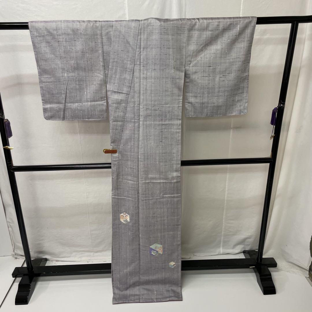 紬 器物文様 正絹 しつけ糸付 y578