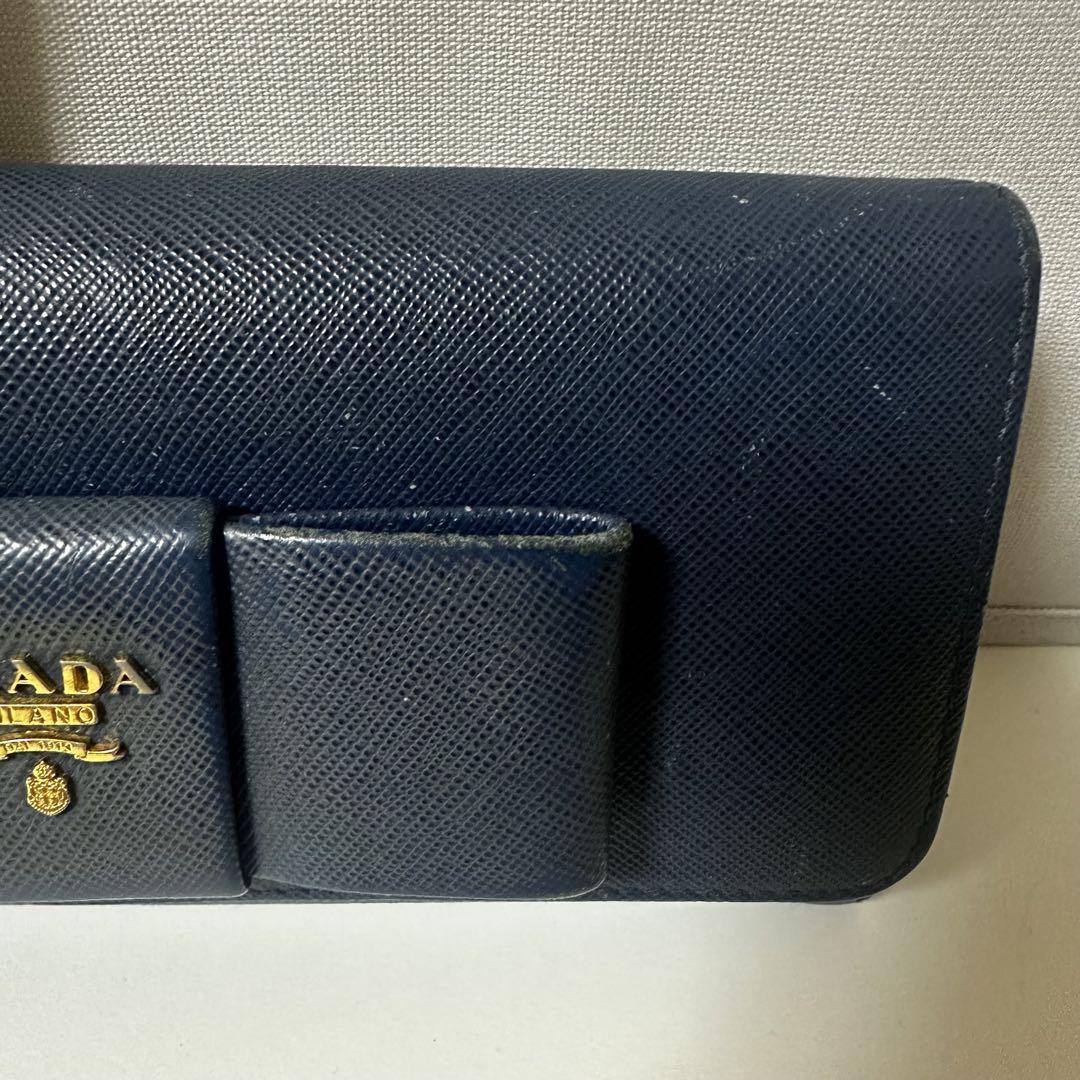 PRADA プラダ　サフィアーノレザー　リボン付き長財布 ネイビー