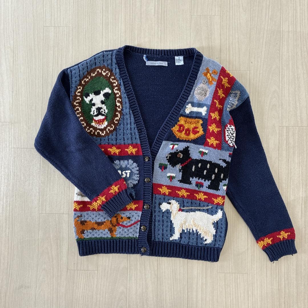 knitted by hand ニットカーディガン 麻・綿 犬 動物柄 かわいい knitted by hand ニットカーディガン 麻・綿 犬 動物柄 かわいい