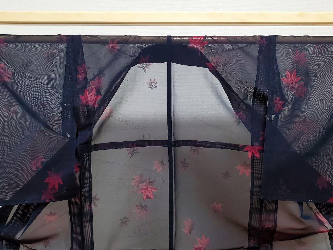 A 美品 夏物 流れに紅葉模様 黒色 赤 正絹 薄物 絽 紗 小紋 着物