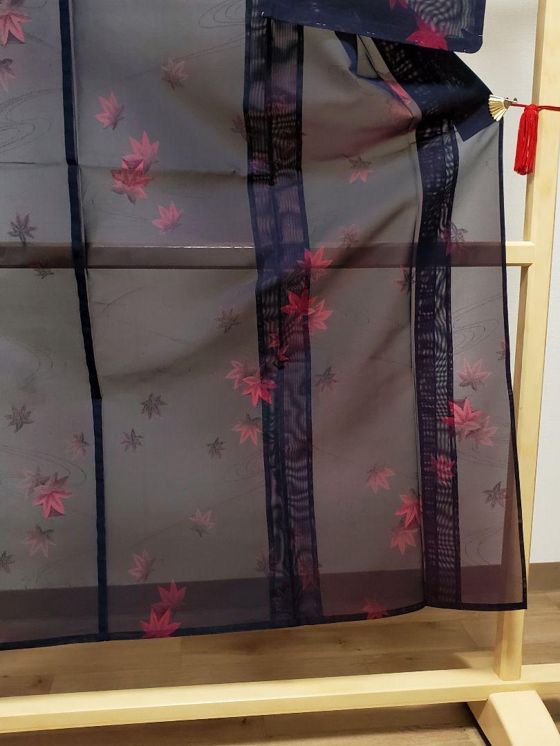 A 美品 夏物 流れに紅葉模様 黒色 赤 正絹 薄物 絽 紗 小紋 着物