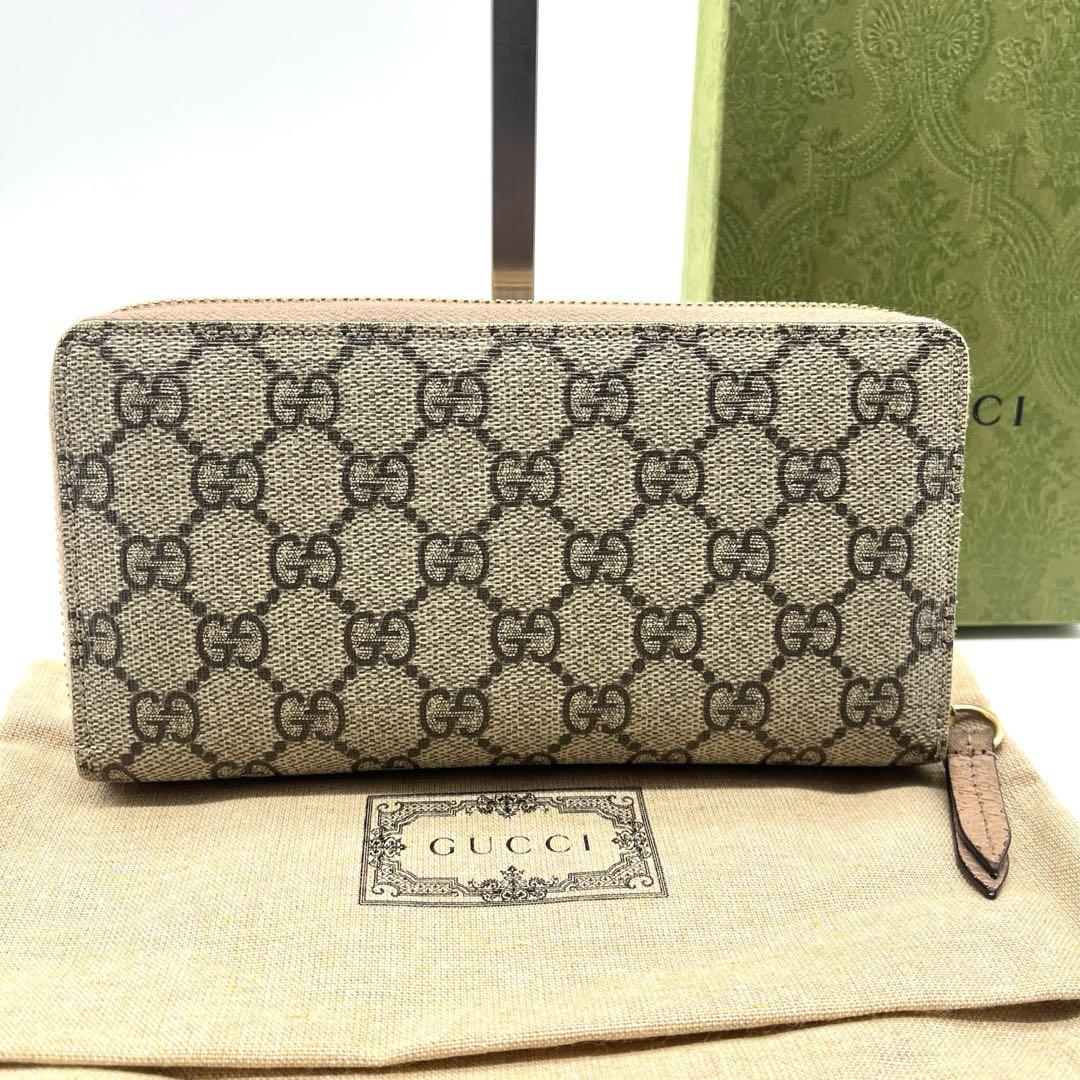新品 グッチ GGスプリーム ラウンドファスナー長財布 ピンク