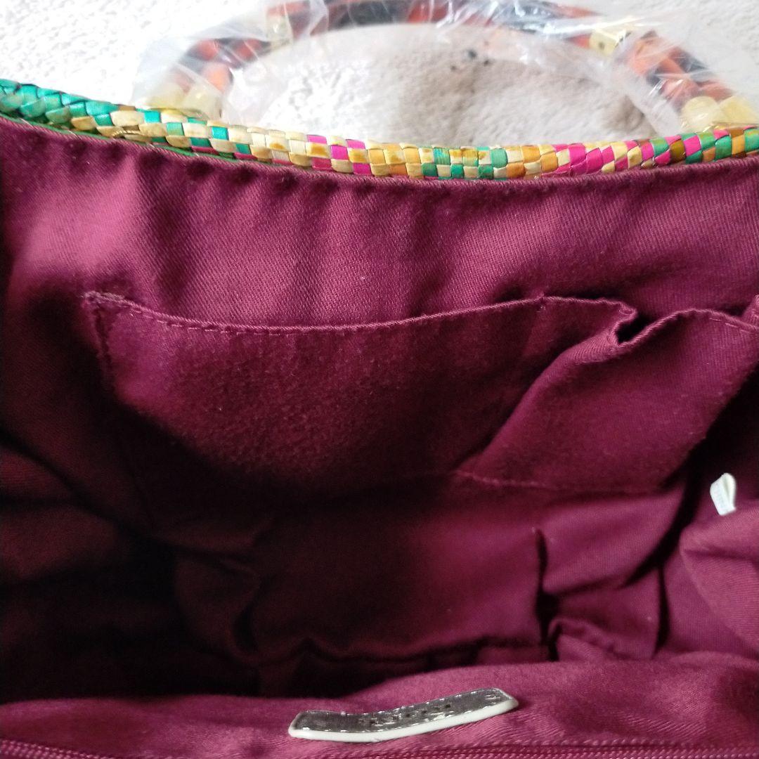 【ROPE】【新品】籐編み込みバッグ 緑 赤 黃　べっ甲調ハンドル　三越