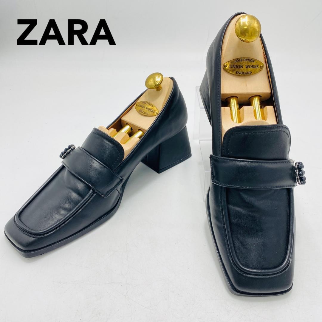 ZARA ローファー スクエアトゥ チャンキーヒール ビーズ 花 39