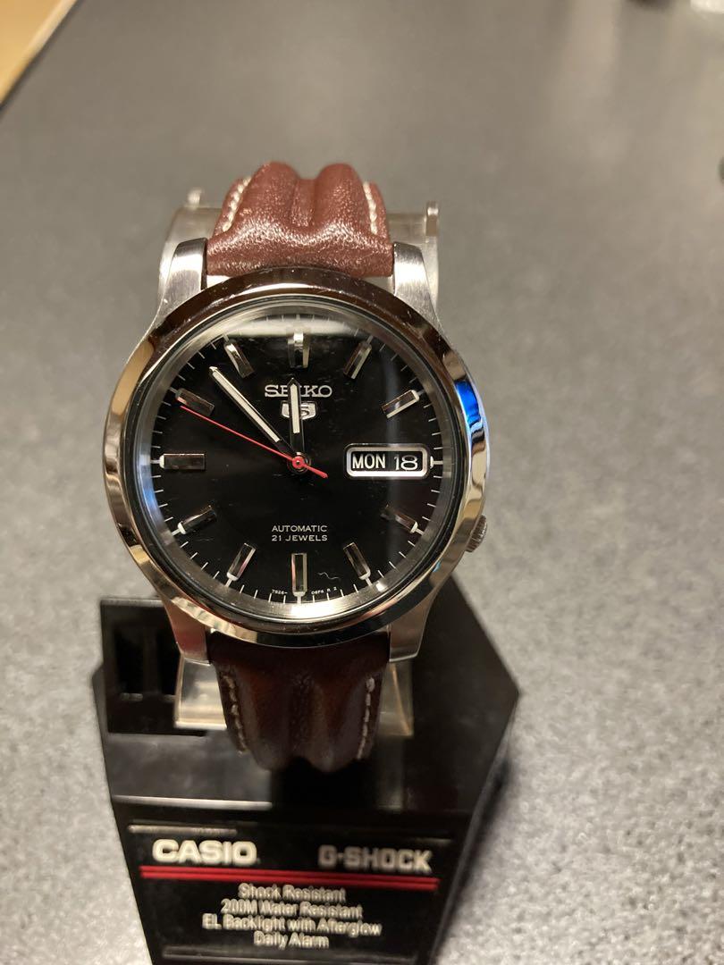 極美品！SEIKO 5 黒文字盤 皮ベルト　Dバックル付き！