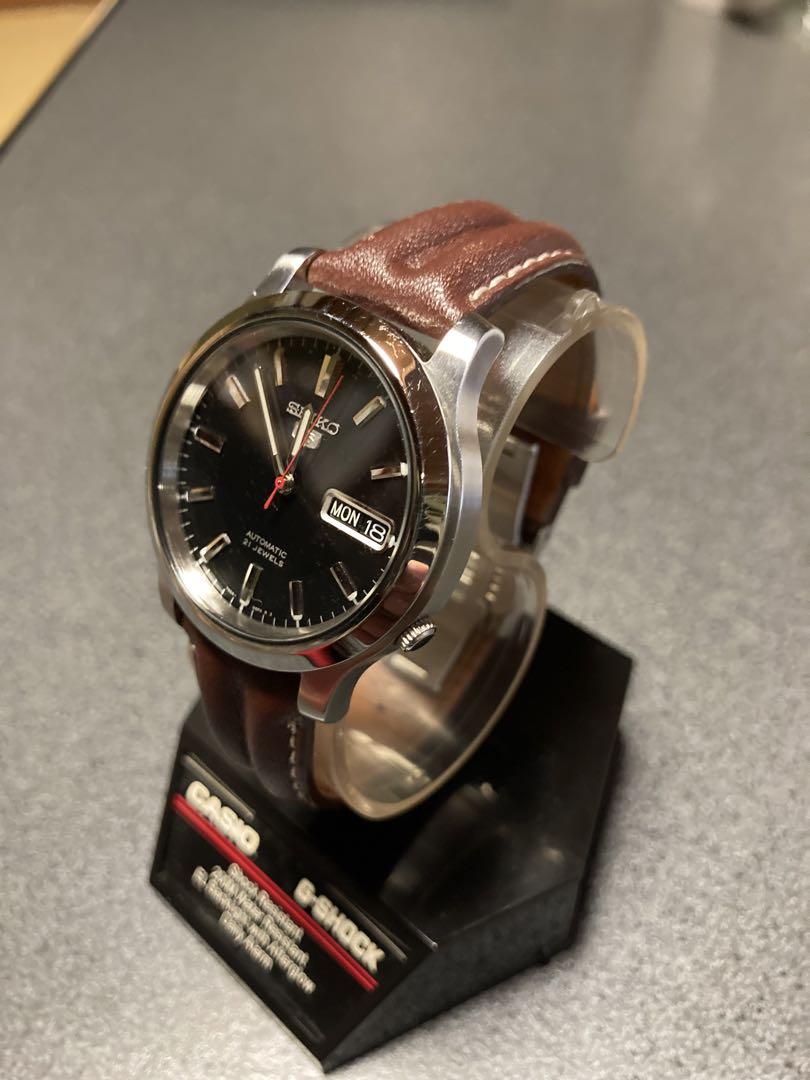極美品！SEIKO 5 黒文字盤 皮ベルト　Dバックル付き！