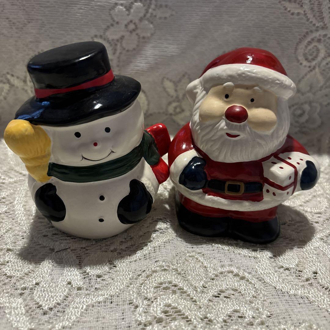 クリスマスサンタクロースと雪だるまの陶器人形貯金箱