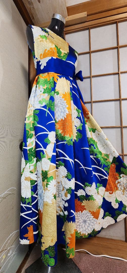 振袖着物リメイクワンピース正絹ウエストリボン付き着丈126センチ身幅60センチ 振袖着物リメイクワンピース正絹ウエストリボン付き着丈126センチ身幅60センチ