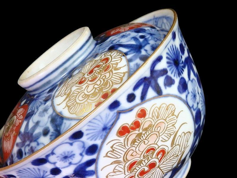 大聖寺伊万里 染錦 窓絵 松竹梅に花の図 小振蓋茶碗 N955AS-fbum