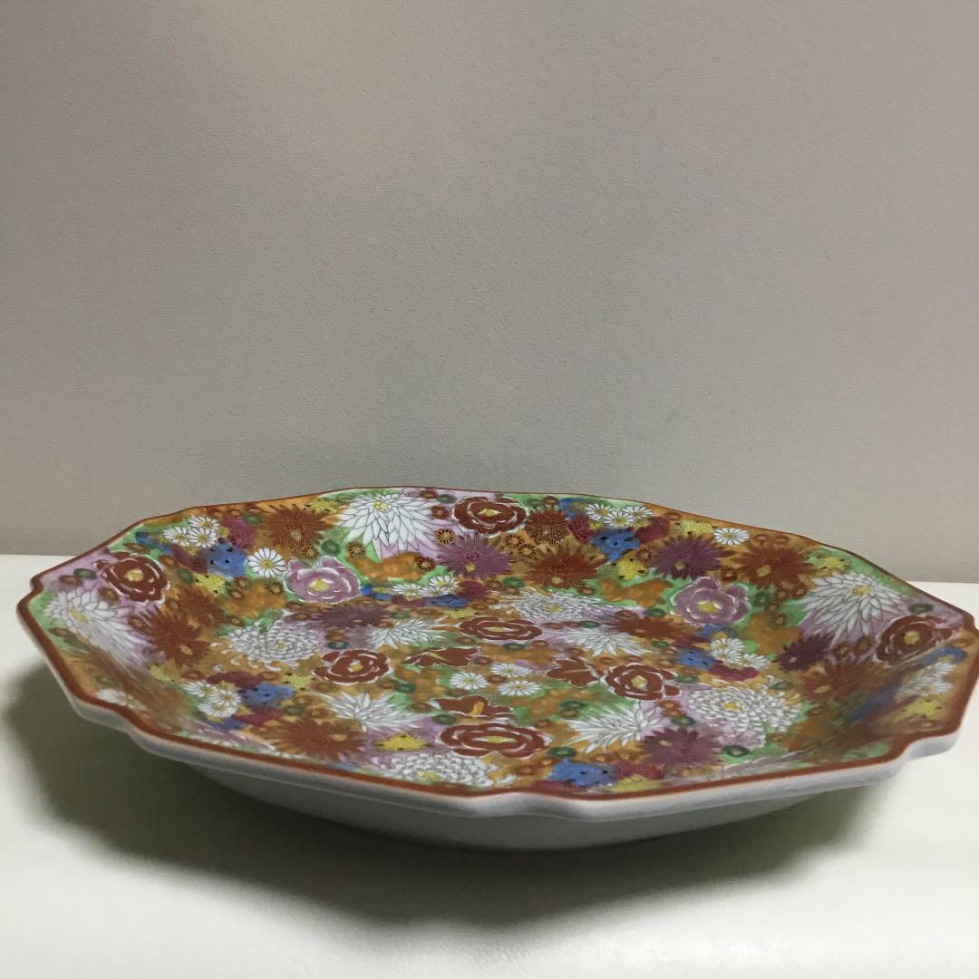 未使用美品 九谷焼 湖月 金 花詰 大皿 飾皿 31cm 尺皿 金彩 色絵