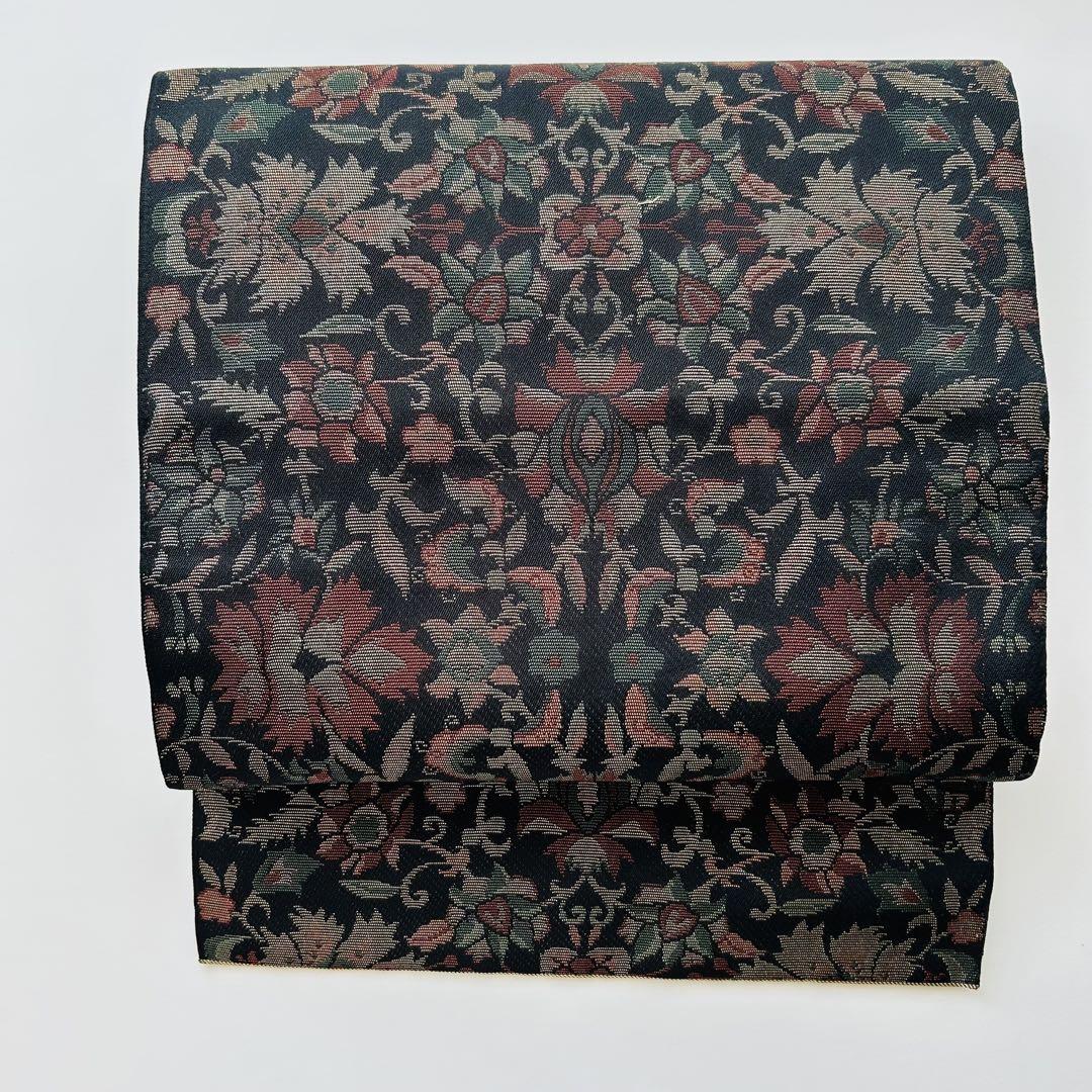 袋帯 名品 京しゃなり 花唐草 黒 六通 正絹 ｜中古・古着
