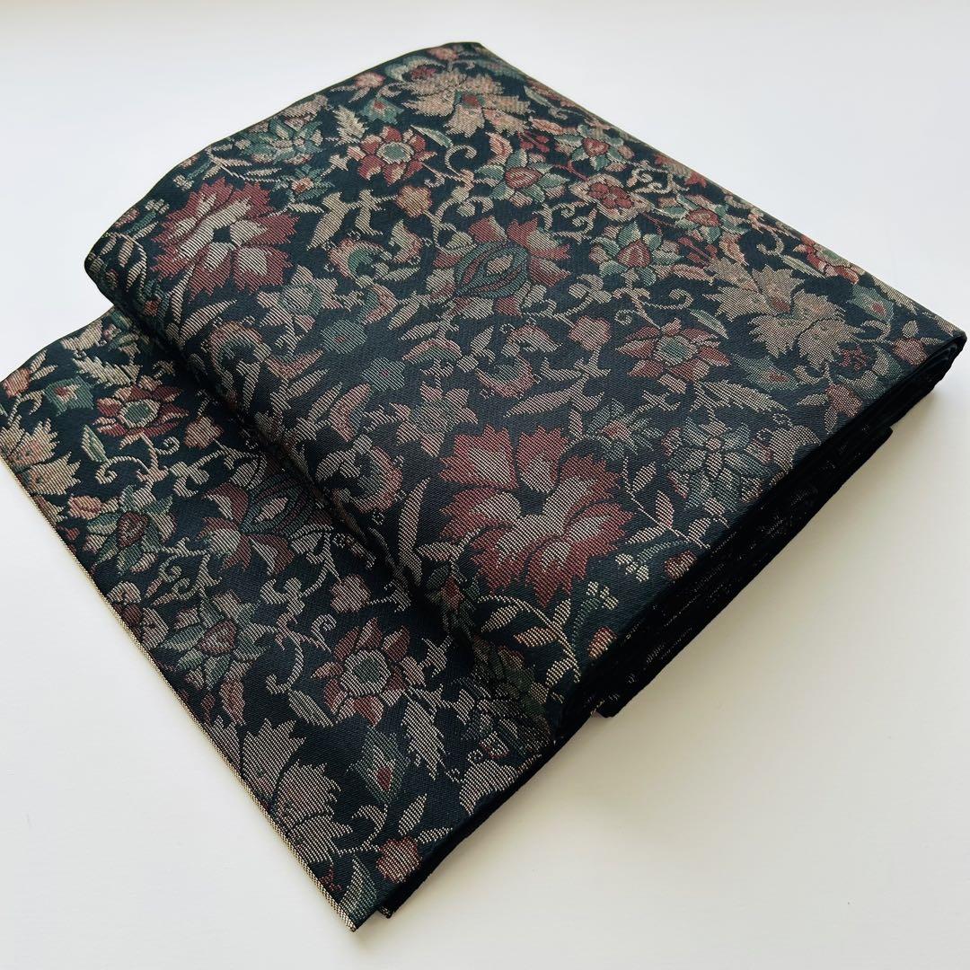 袋帯 名品 京しゃなり 花唐草 黒 六通 正絹 ｜中古・古着