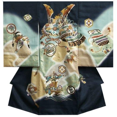 お宮参り 着物 男の子 正絹初着 紺地四色ぼかし 兜 刺繍使い 金彩 地紋 特価品蔵出し特集 大幅値引き⭕18000円にしました男の子5つ紋付き産着⭕超美品 お宮参り用品