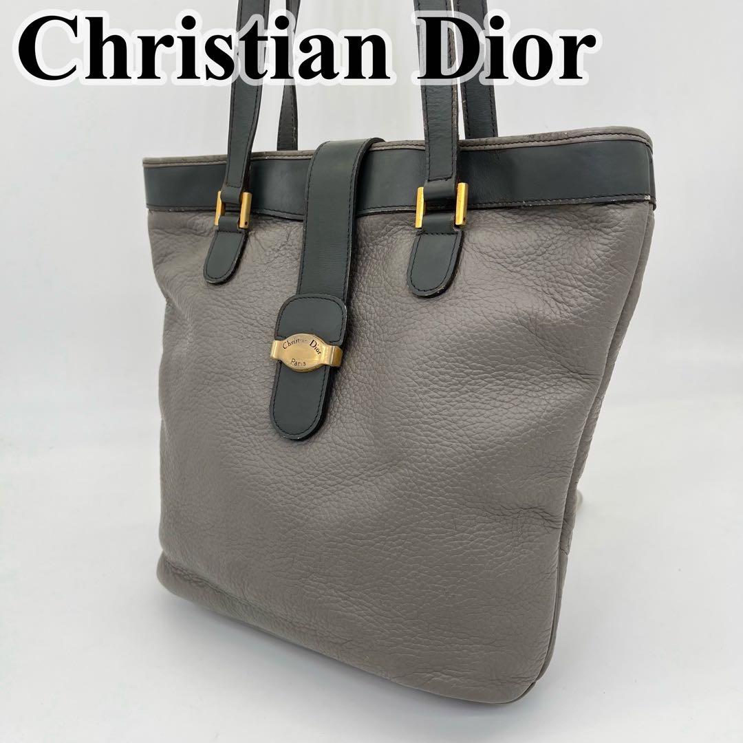 クリスチャンディオール トートバッグ 肩掛け ゴールドロゴ金具 グレー シボ革Christian Dior
