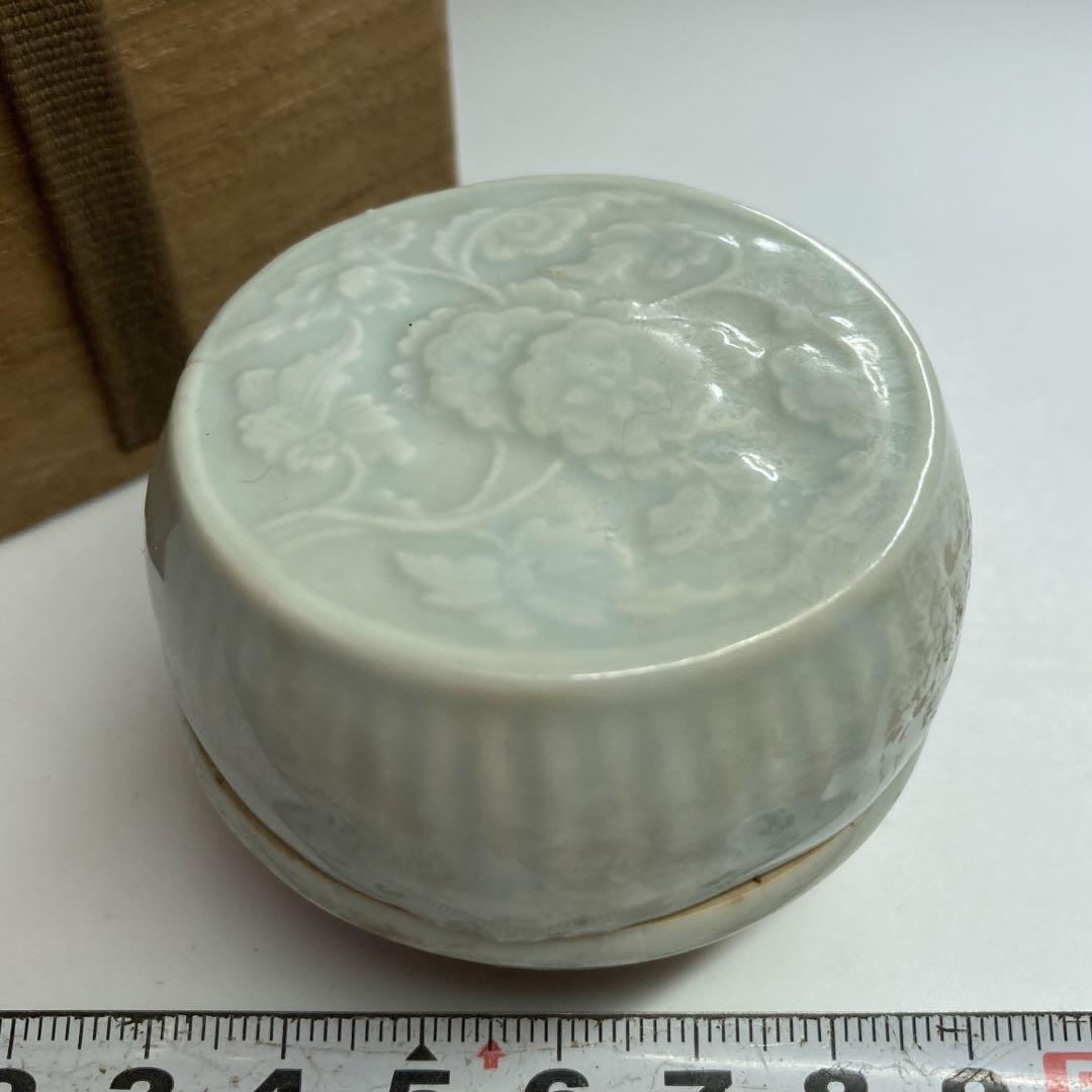 中国宋時代　青白磁香合　木箱付　直径約6㎝　東Y5-1215☆1Fタサオ