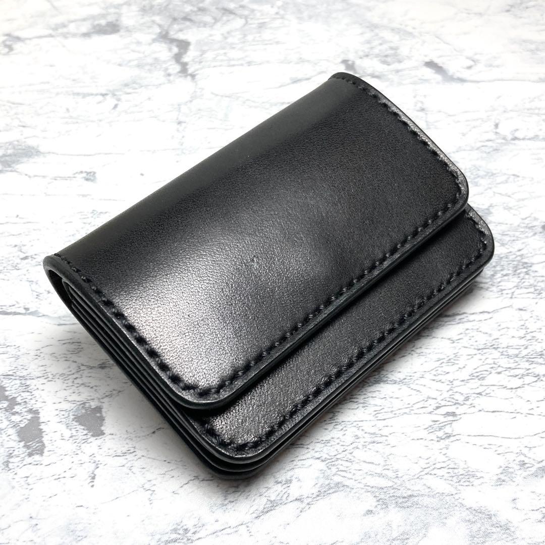 本革 小さい財布 栃木レザー 黒 手縫い コンパクト財布 メンズ レディース