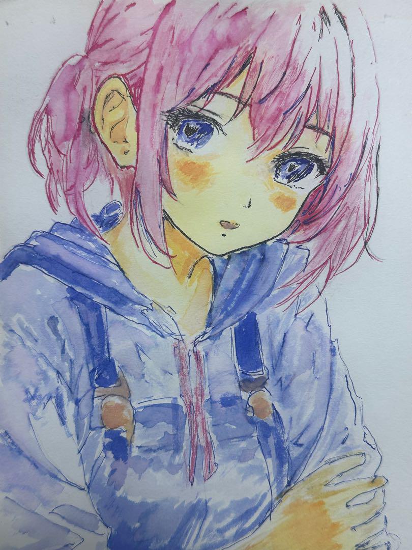 手描き原画】アナログ イラスト ガラスペン画 水彩風 美少女