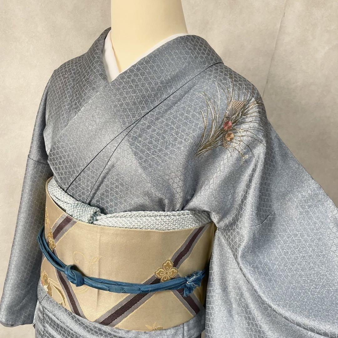 訪問着フルセット　着物　正絹　綸子　水色　刺繍　F1