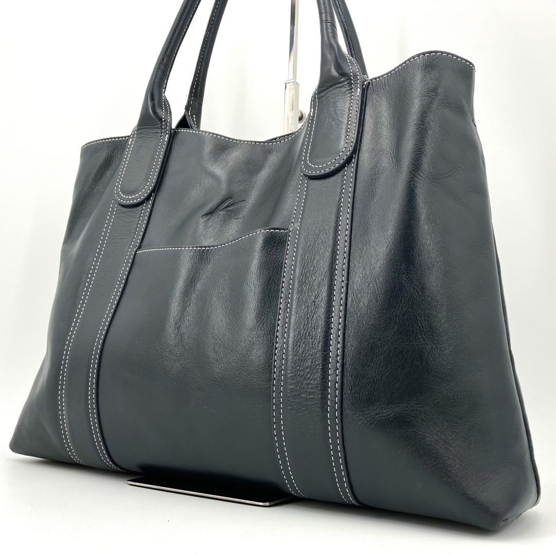 キタムラ Kitamura トートバッグ レザー ネイビー 型押しロゴ ステッチ 良品✨】キタムラ トートバッグ 肩がけ レザー 型押しロゴ A4可