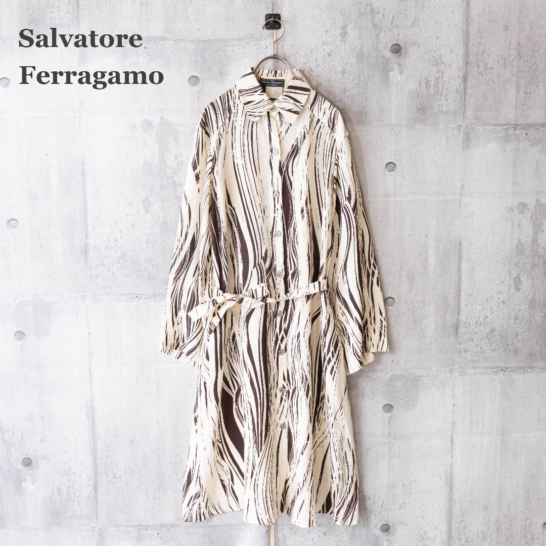 【Salvatore Ferragamo】シャツワンピース　シルク100%　総柄