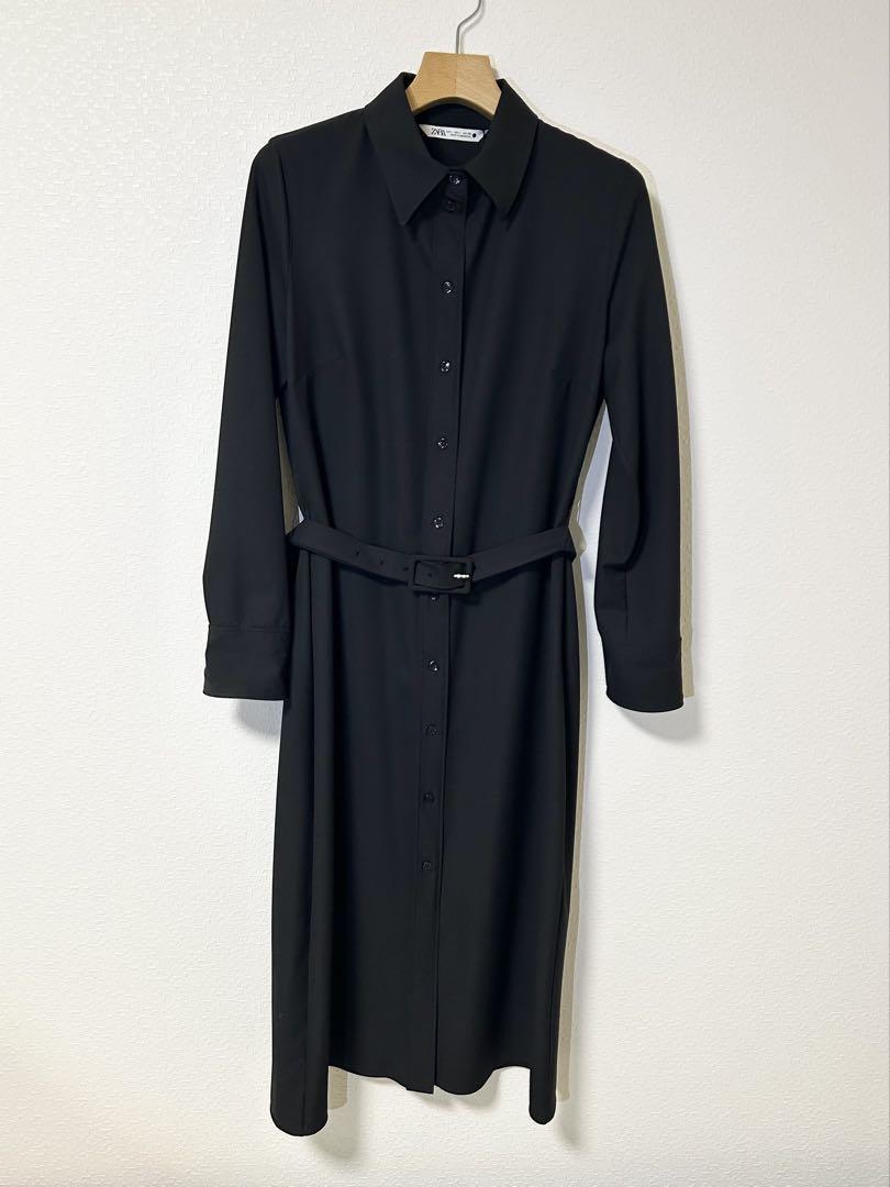 【新品】ZARA ブラック シャツワンピース 長袖 ベルト付き