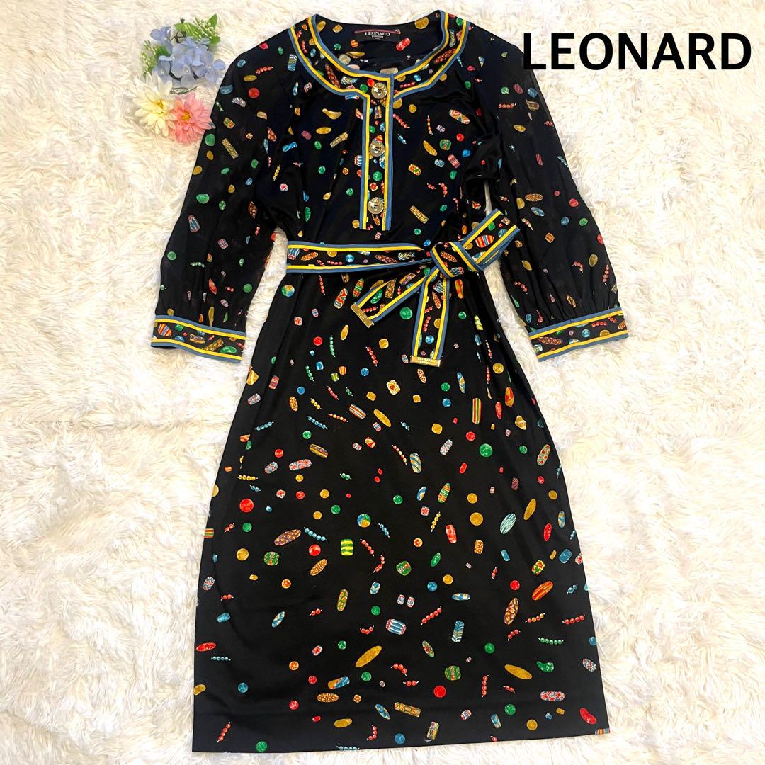 【美品】レオナール トリム ロングワンピース 宝石柄 総柄 金ボタン ベルト l