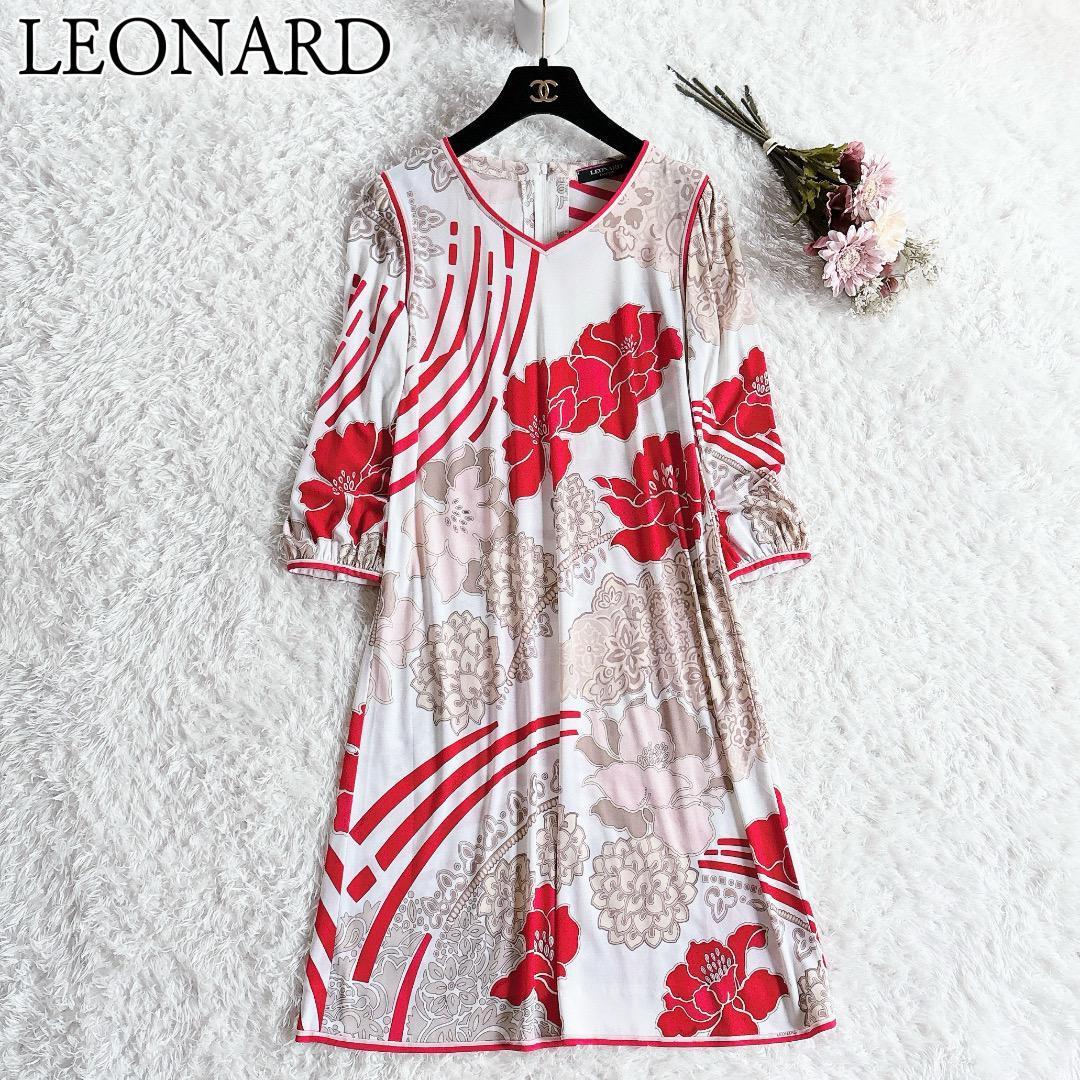 極美品◆LEONARD◆カンカン素材　花柄ワンピース　トリムデザイン　赤　白