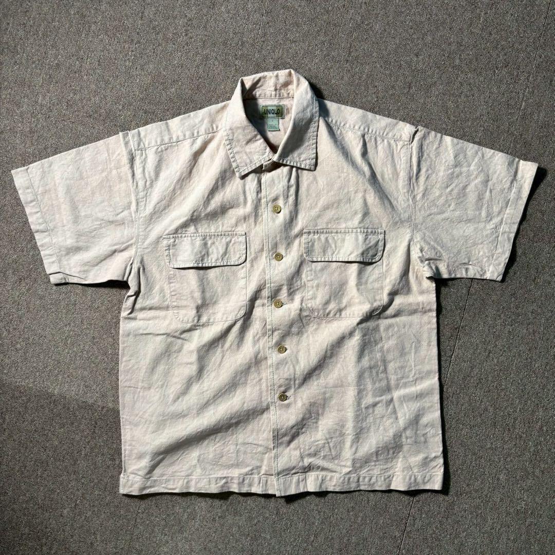 OLD UNIQLO 80s 90s 短丈 リネン 麻 半袖 ボタン シャツ L