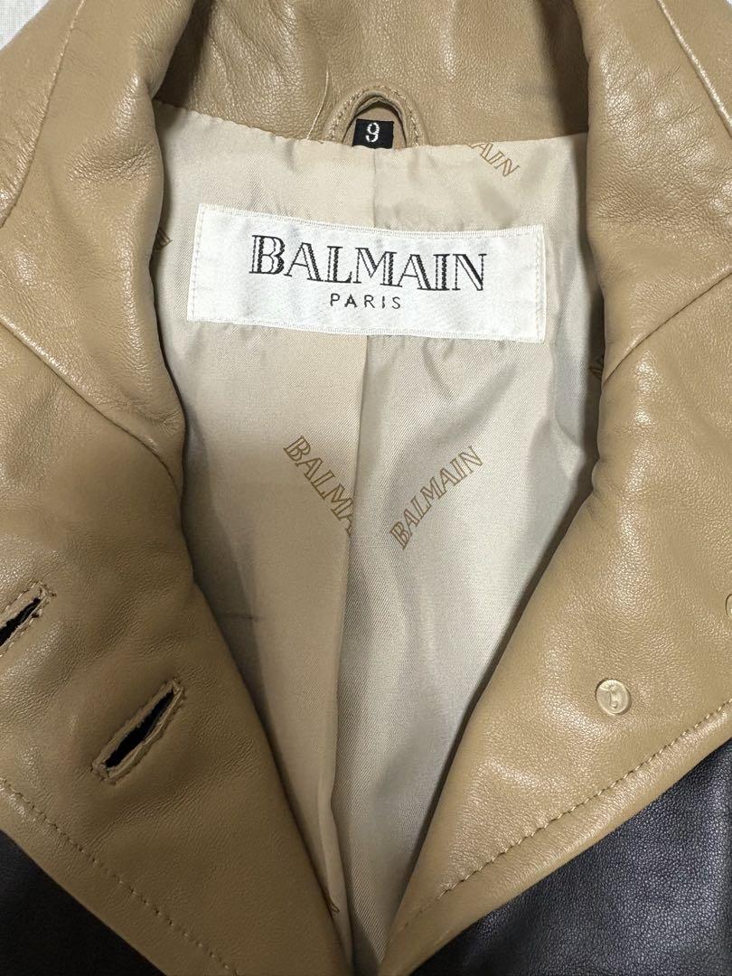 美品 BALMAIN ラムレザー 金ボタン 裏地 総柄 ロゴ ジャケット 9号