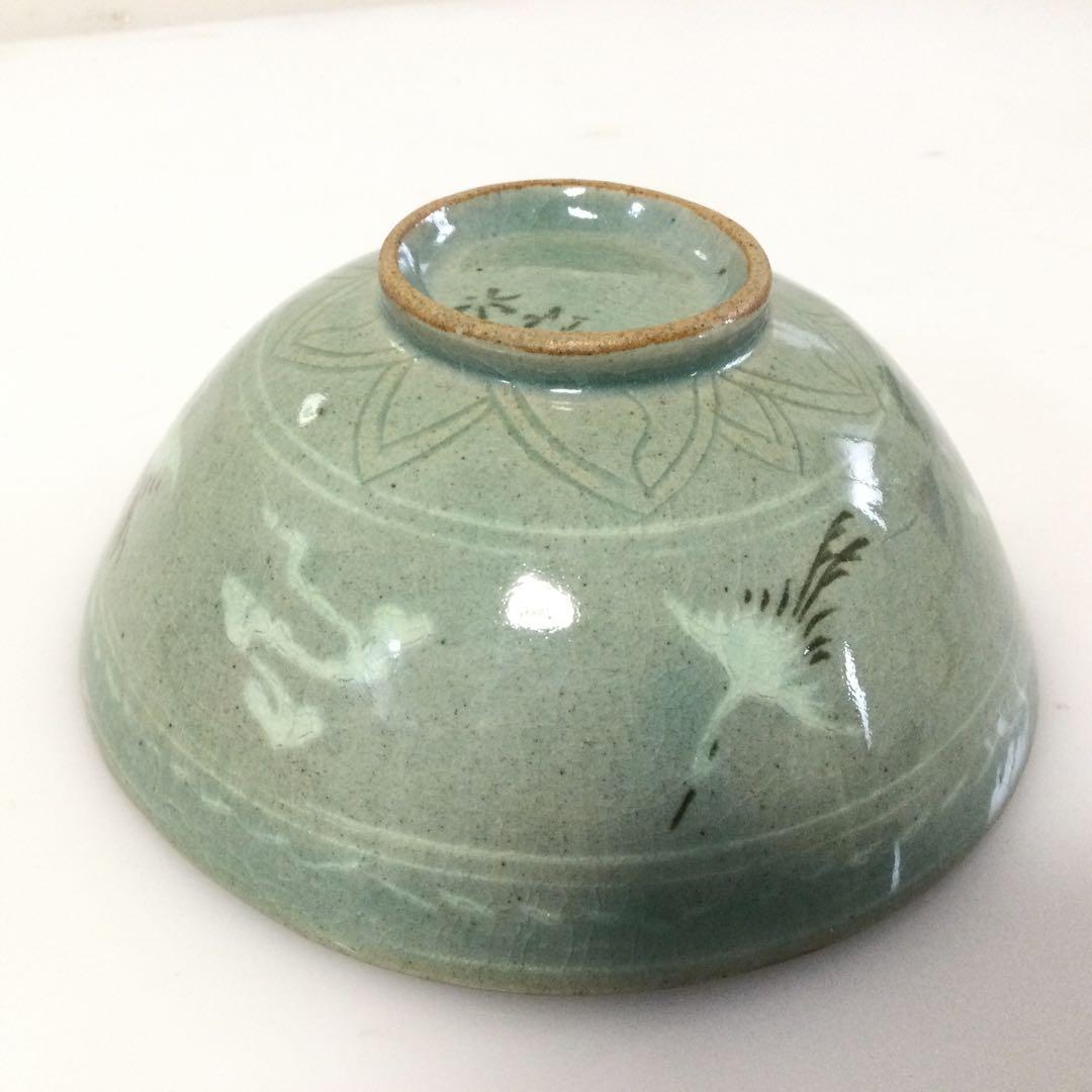 青磁象嵌雲鶴茶碗 平茶碗 抹茶碗 水広窯 李貞夏作 茶道具 供箱