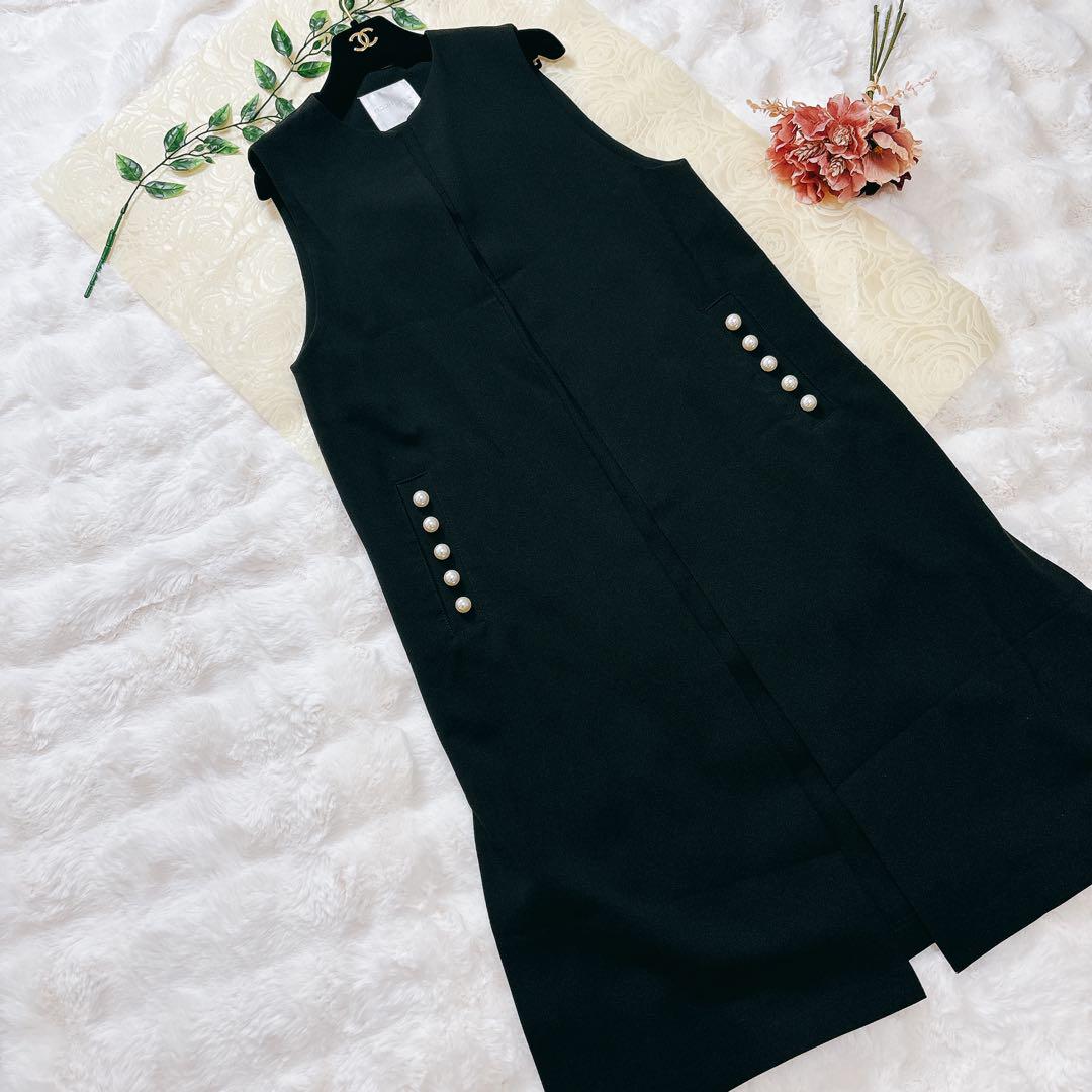 PICIN PERLA ピッチンペルラ ポケットパールジレ ロングジレ 黒 M PICCIN PERLA（ピッチンペルラ）の「リネンライクポケットパール