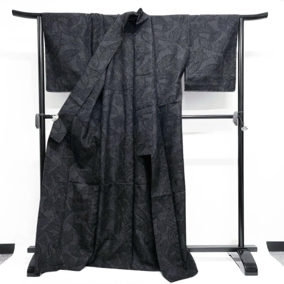 未着用 小紋 単衣 本場結城紬 リーフ模様 80亀甲 黒 着物 052a d