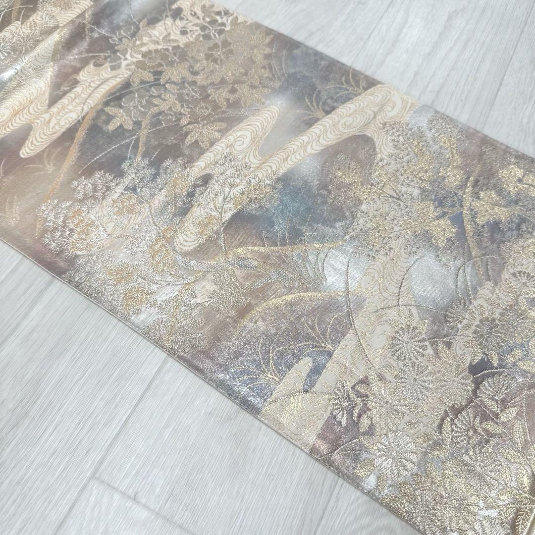 袋帯 美しい織出し 流水に花模様 正絹 着物 RO-3039