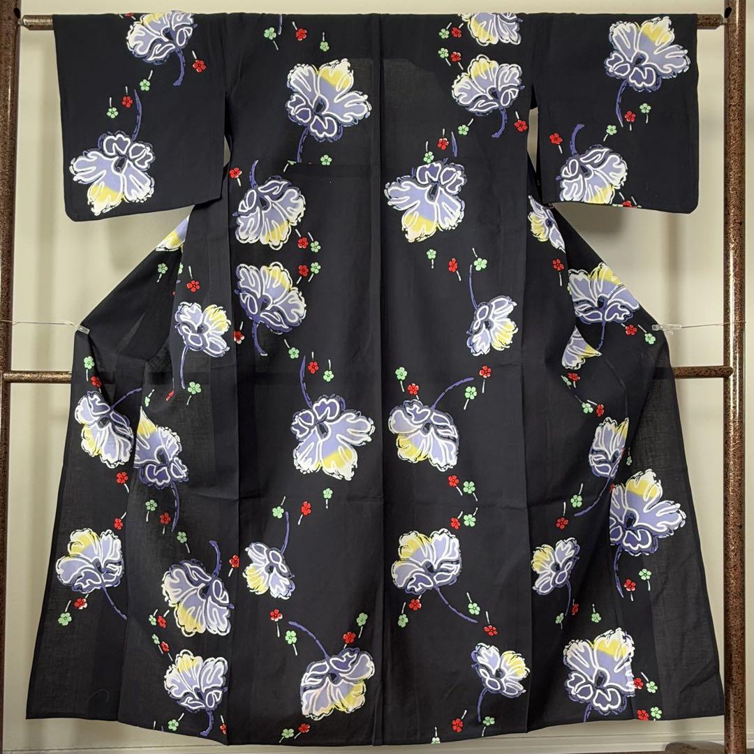 超美品 綿 本染浴衣 浴衣 着物 夏物 154㎝ コーマ 黒 紫 赤 個性