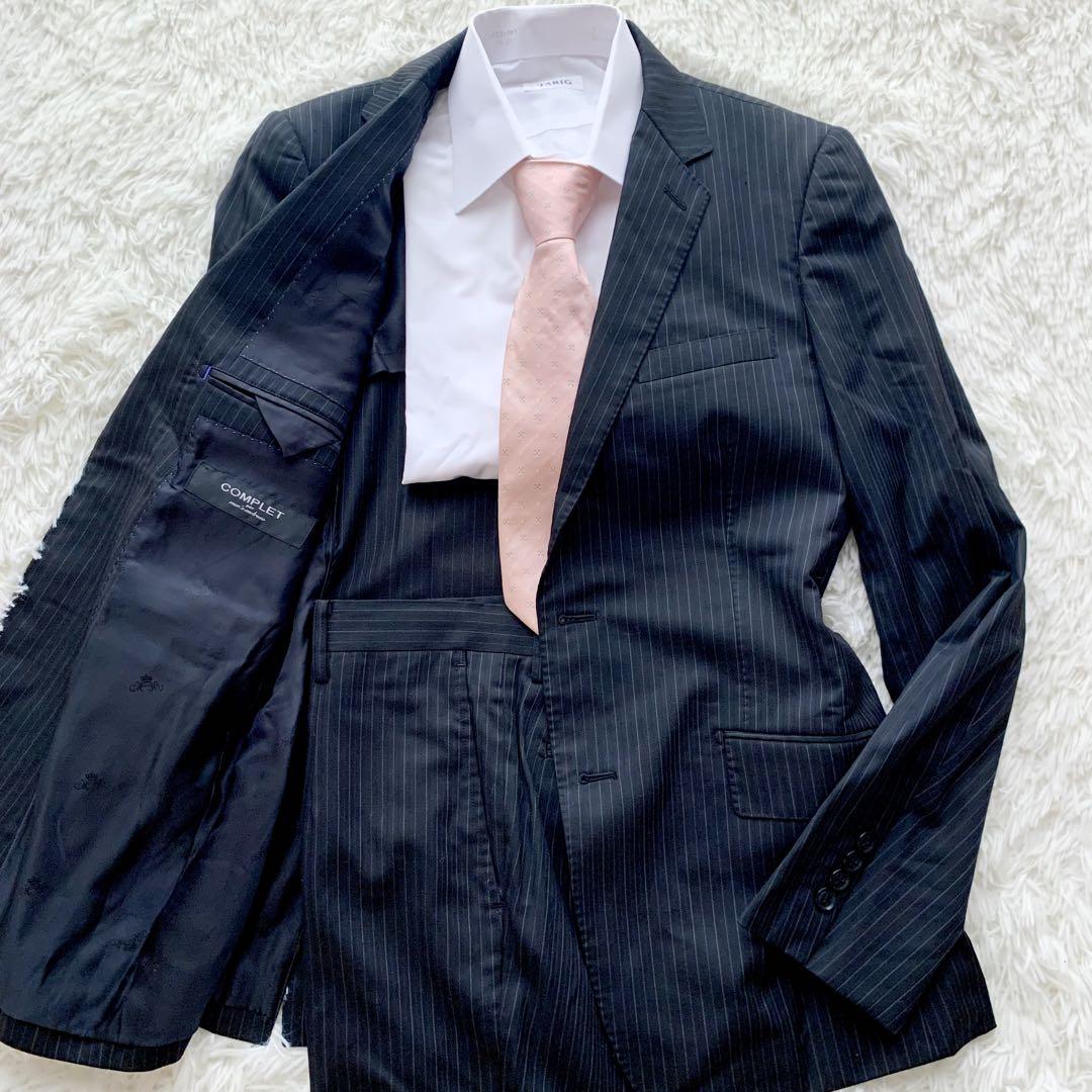 美品【希少】メンズメルローズ スーツ シルク混 ストライプ 背抜き 黒 パープル