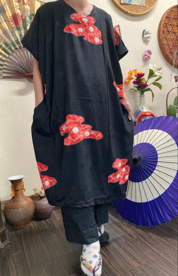 絞り(字模様）の着物からの裾コクーンチュニック(ストール付き）　　着物リメイク