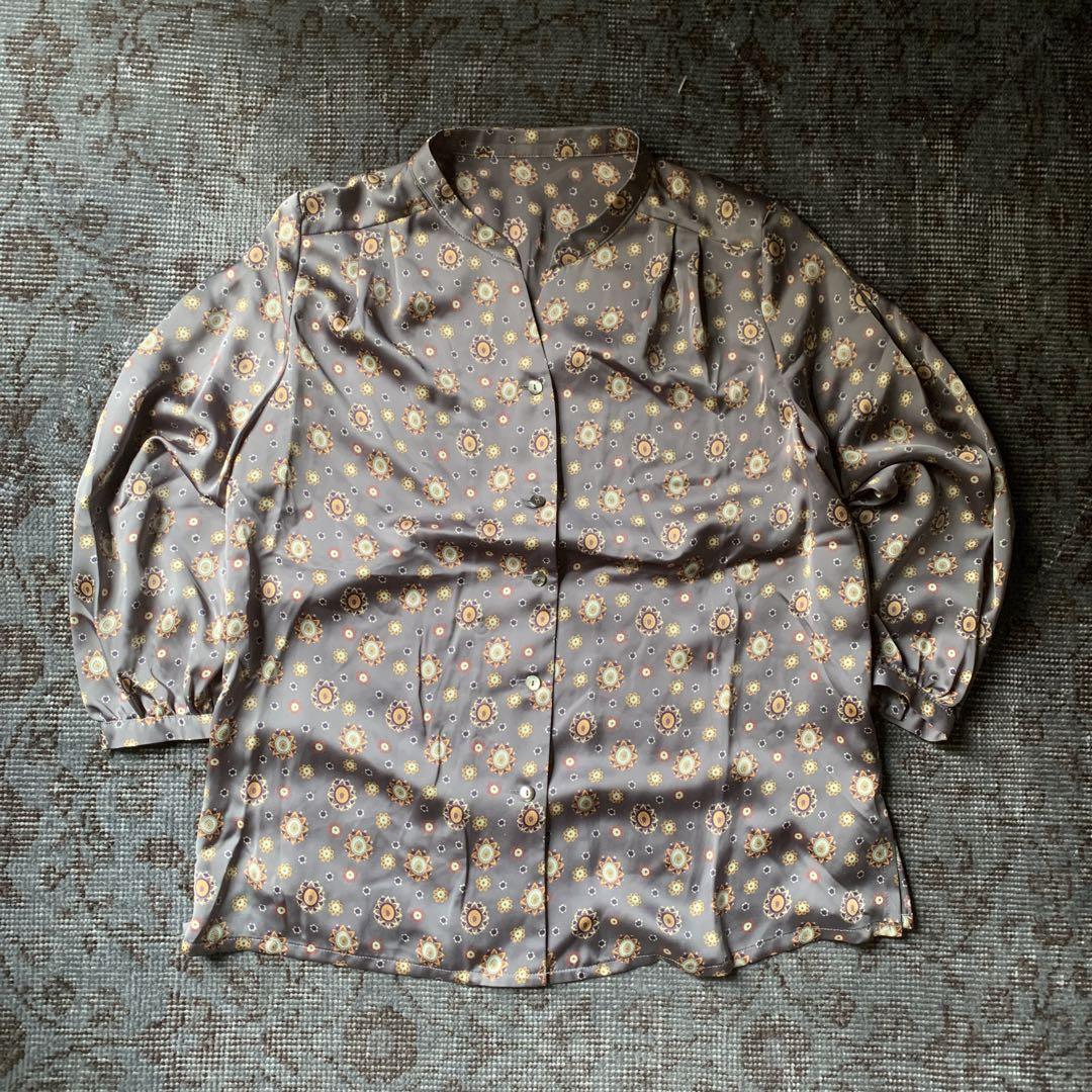 希少 総柄シャツ レトロ ノーカラー デザイン 雰囲気 モード 古着