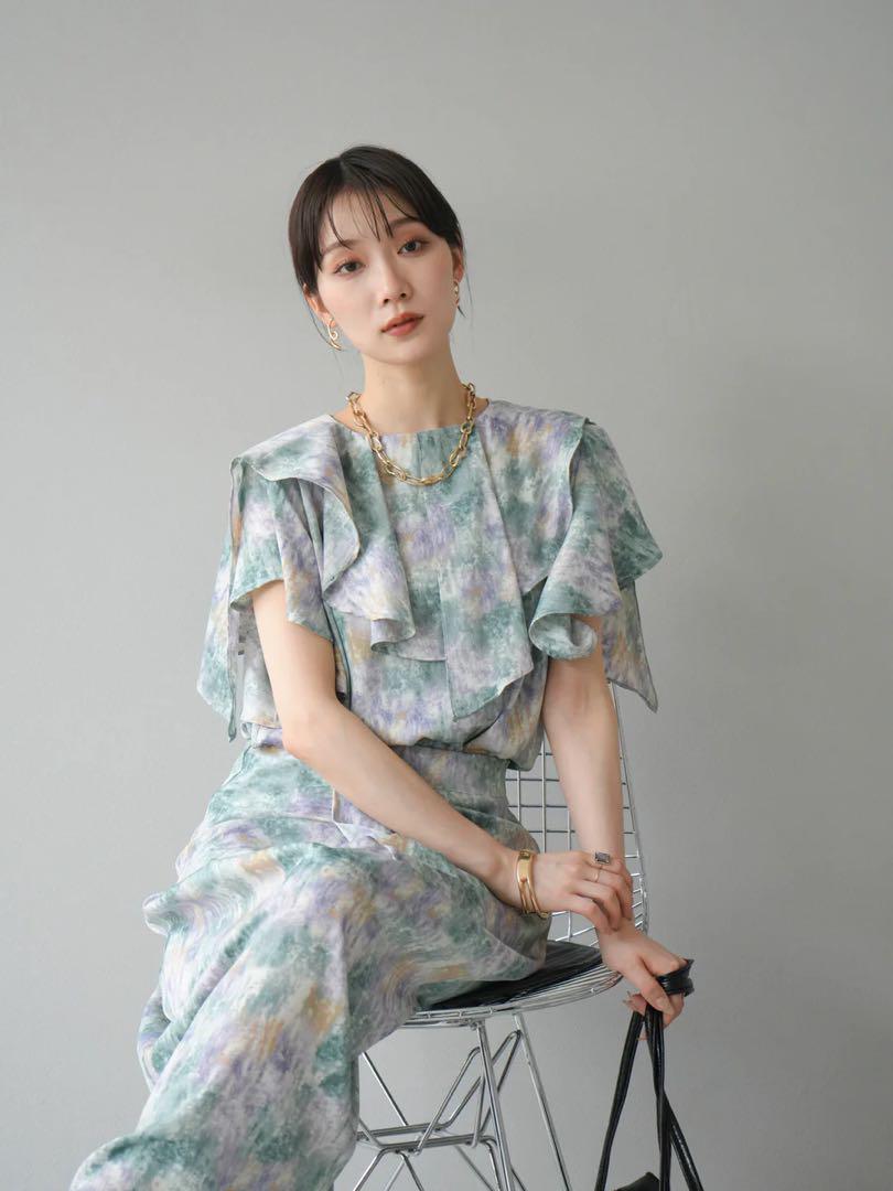 水彩アートラッフルカラーブラウス水彩アートタックスカート(2SET)lumier