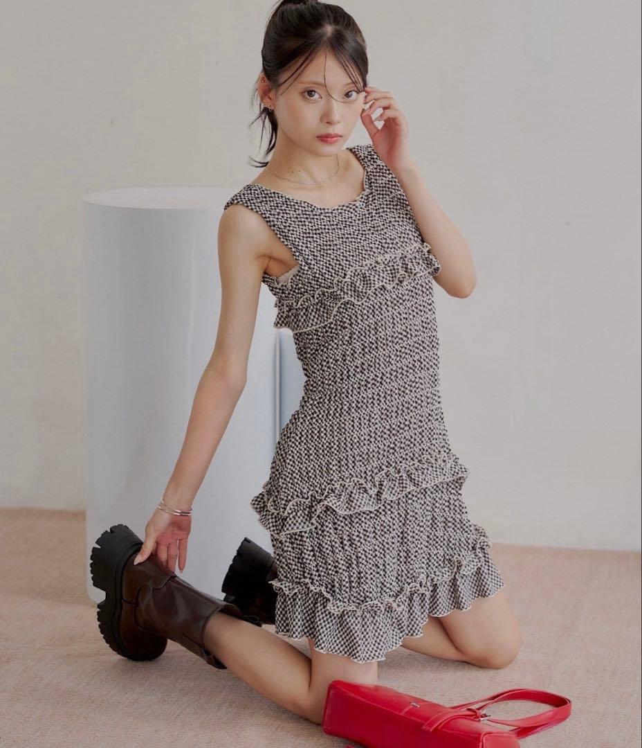 シャーリングチェックミニワンピース【ブラウン】完売商品