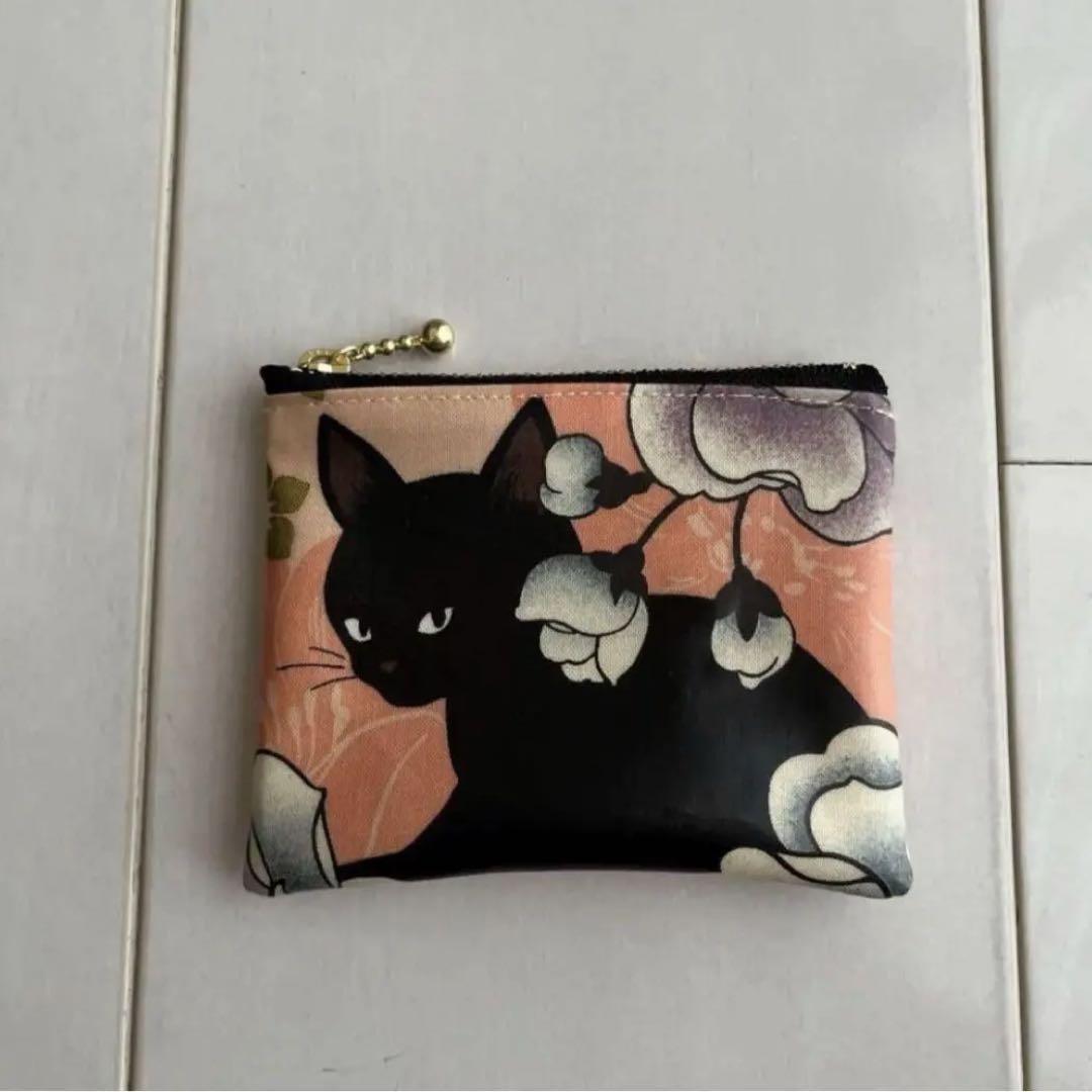 ミニポーチ ラミネート 百華繚蘭 黒猫と牡丹 ピンク ハンドメイド