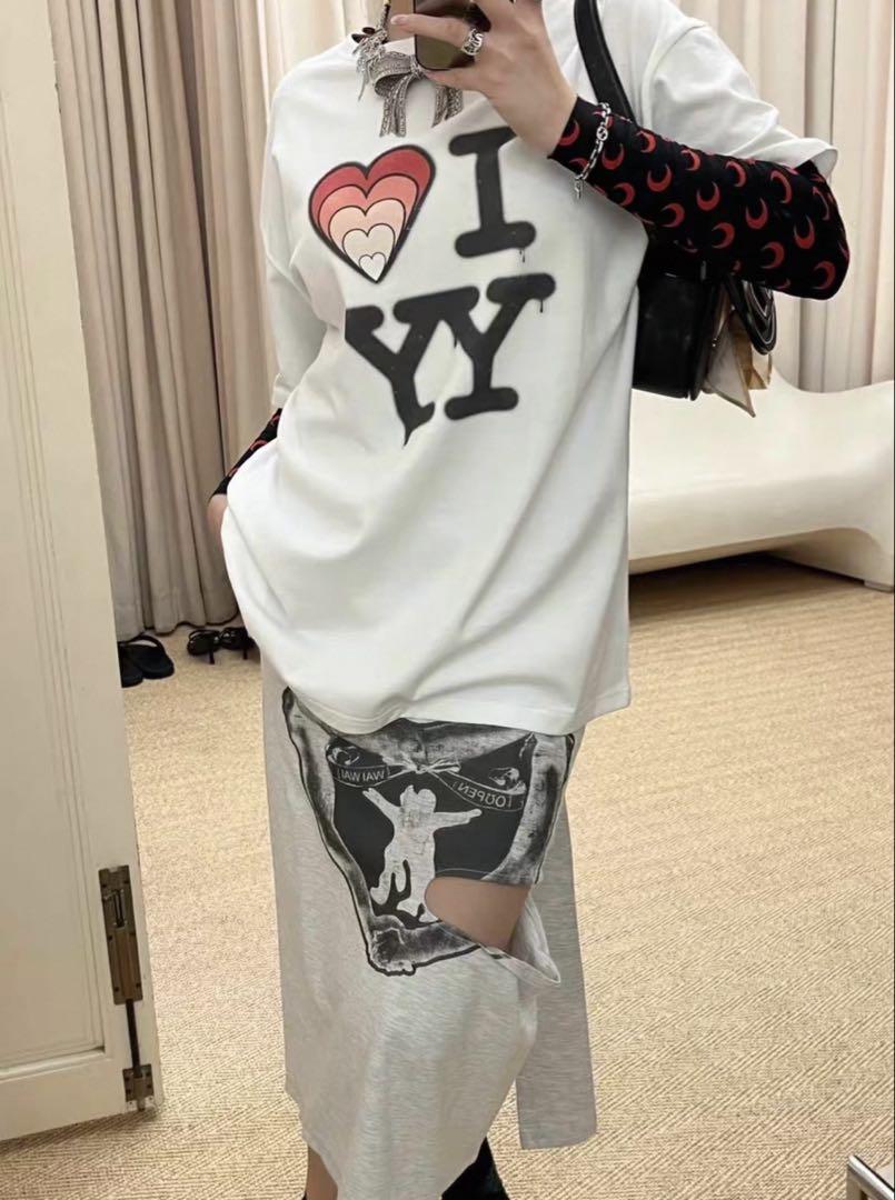 open yy サイドカットプリントスカート グレー