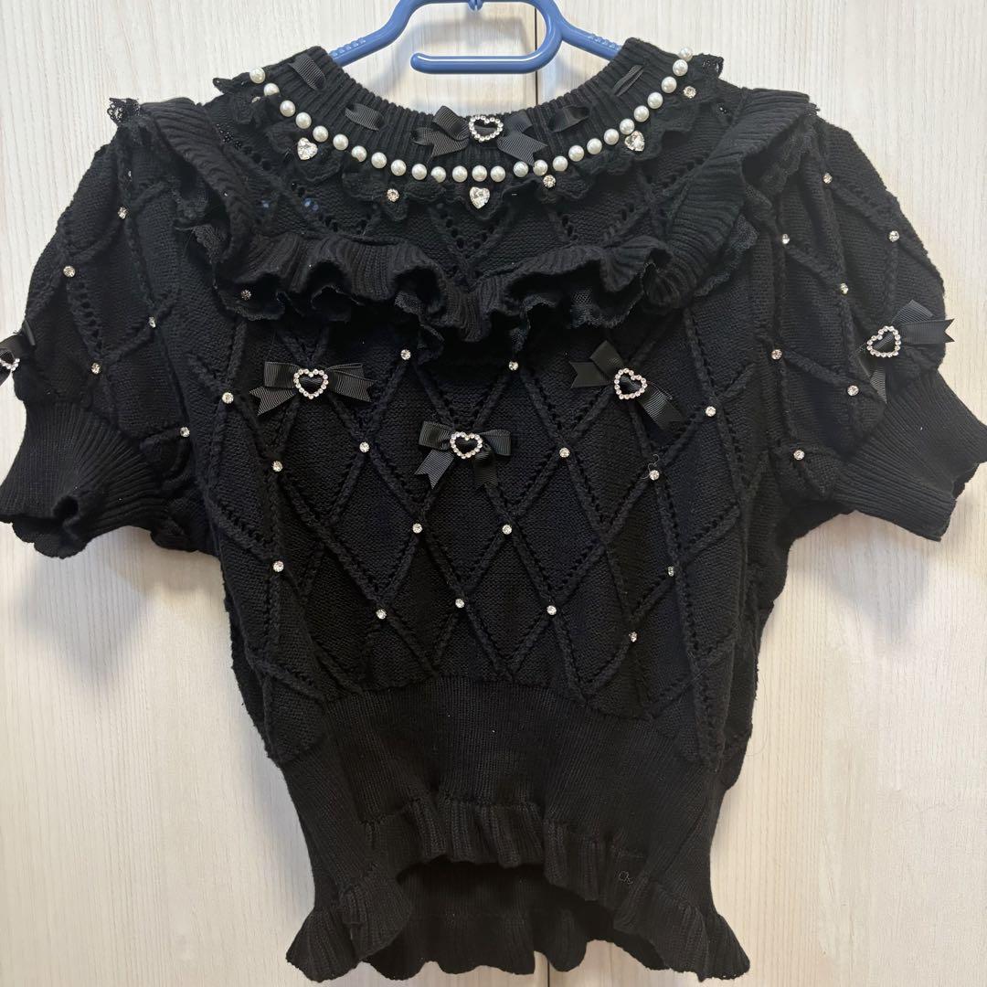 LIZLISA メニービジューリボンダイヤニットトップスブラック