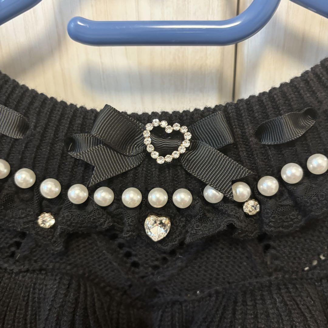 LIZLISA メニービジューリボンダイヤニットトップスブラック