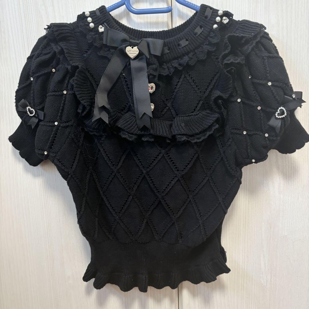 LIZLISA メニービジューリボンダイヤニットトップスブラック
