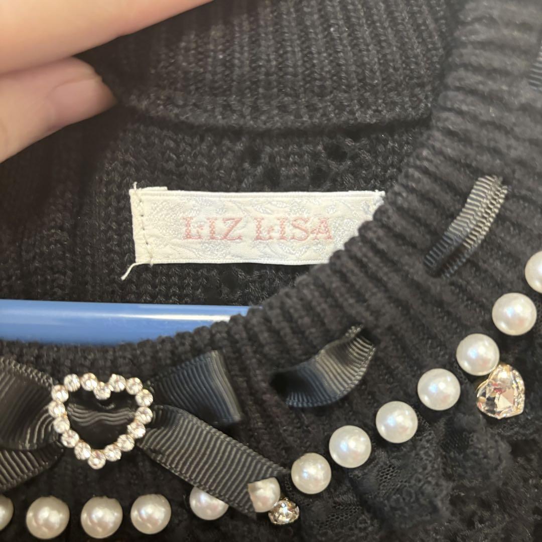 LIZLISA メニービジューリボンダイヤニットトップスブラック