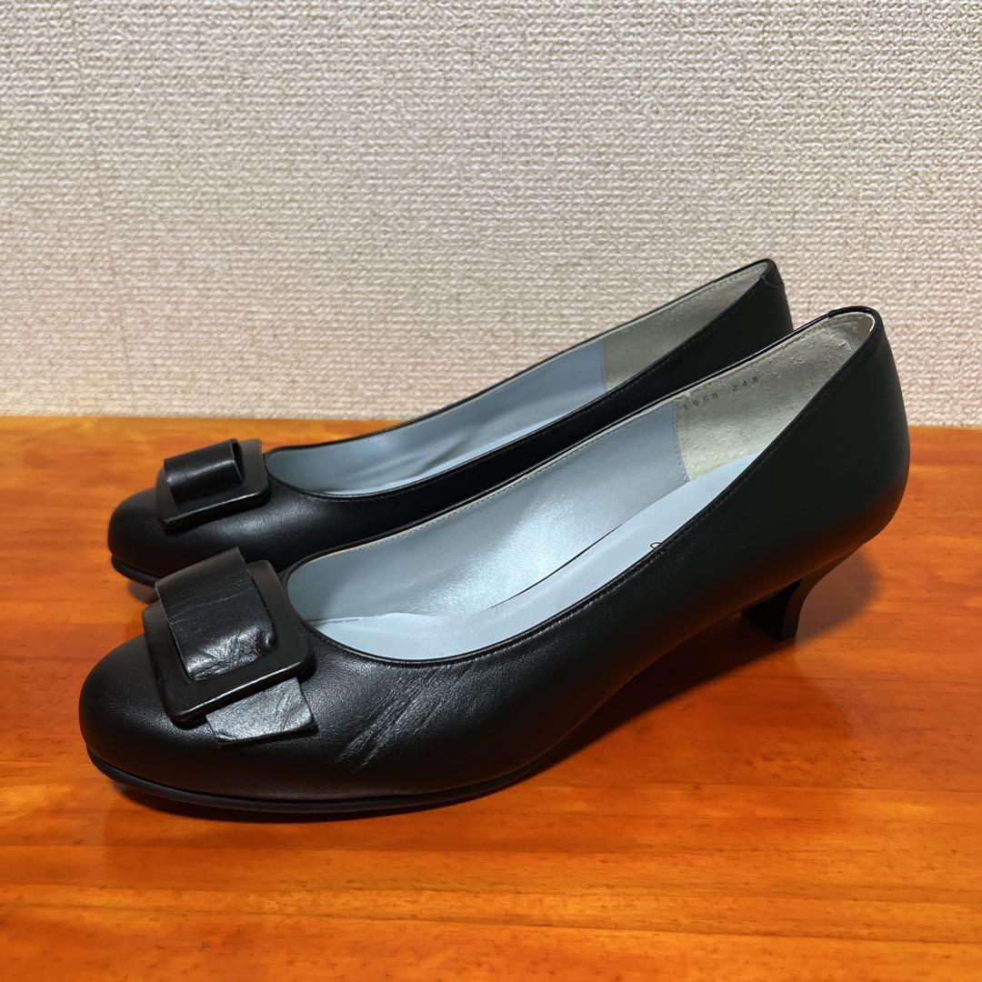 ❀美品 銀座かねまつ アクアベル 24.5cm レザー 黒 ブラック パンプス