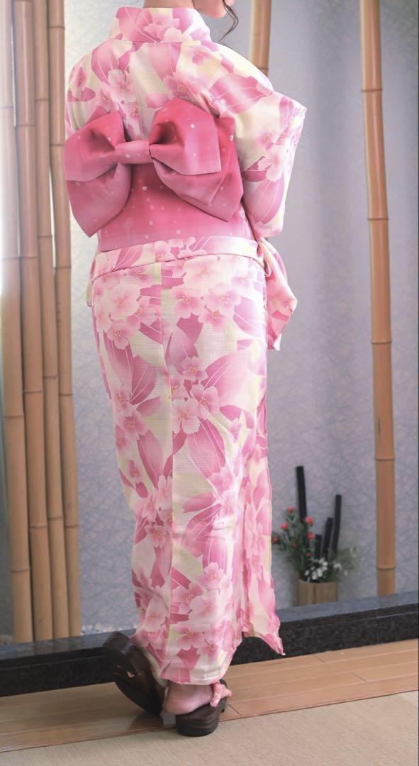 【美品】桜 ピンク 3点セット 浴衣 作り帯 下駄 桃色 かわいい 黄色 白
